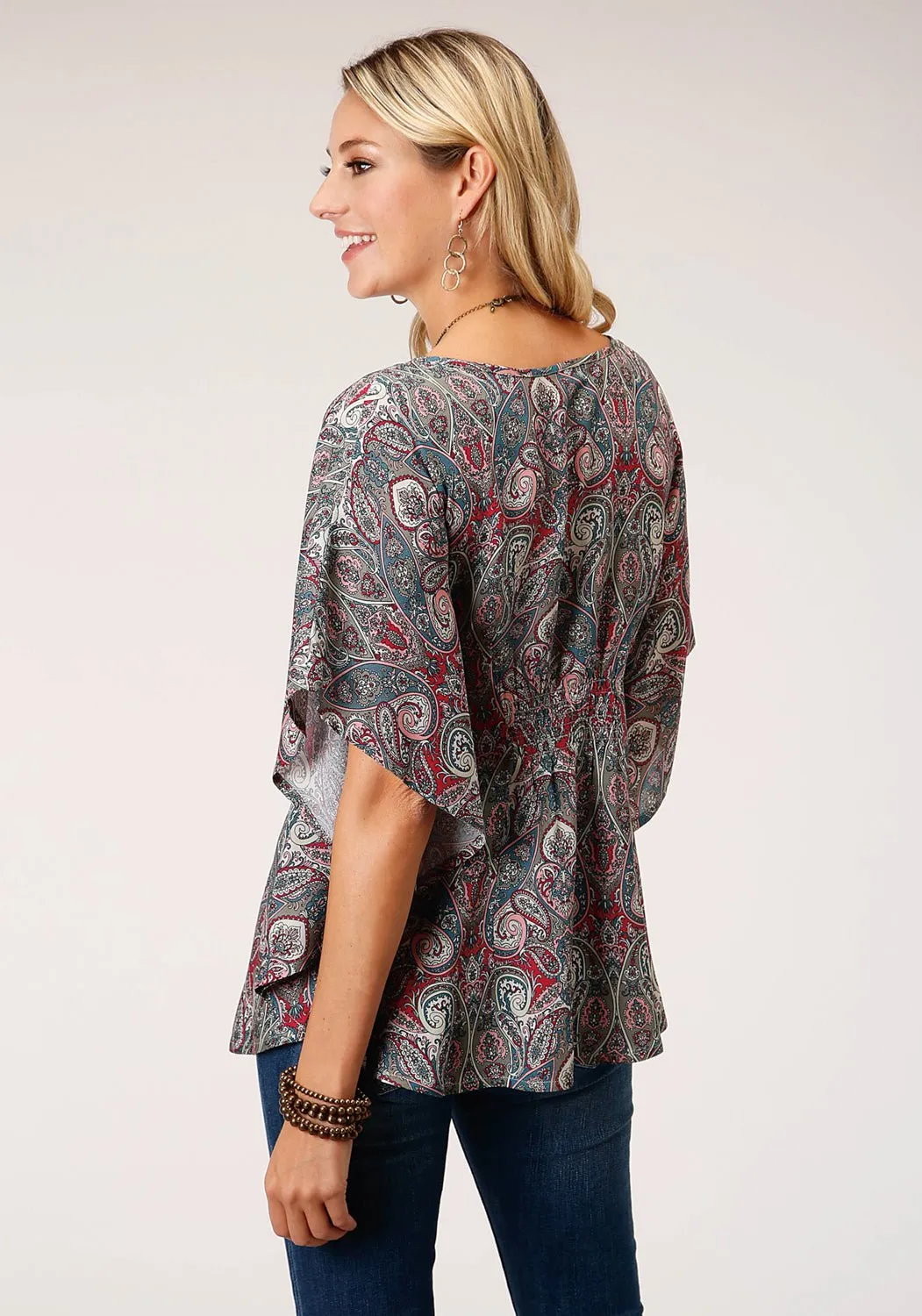 Roper Womens Sage Rayon/Nylon Paisley Print S/S Blouse Durable Buttons