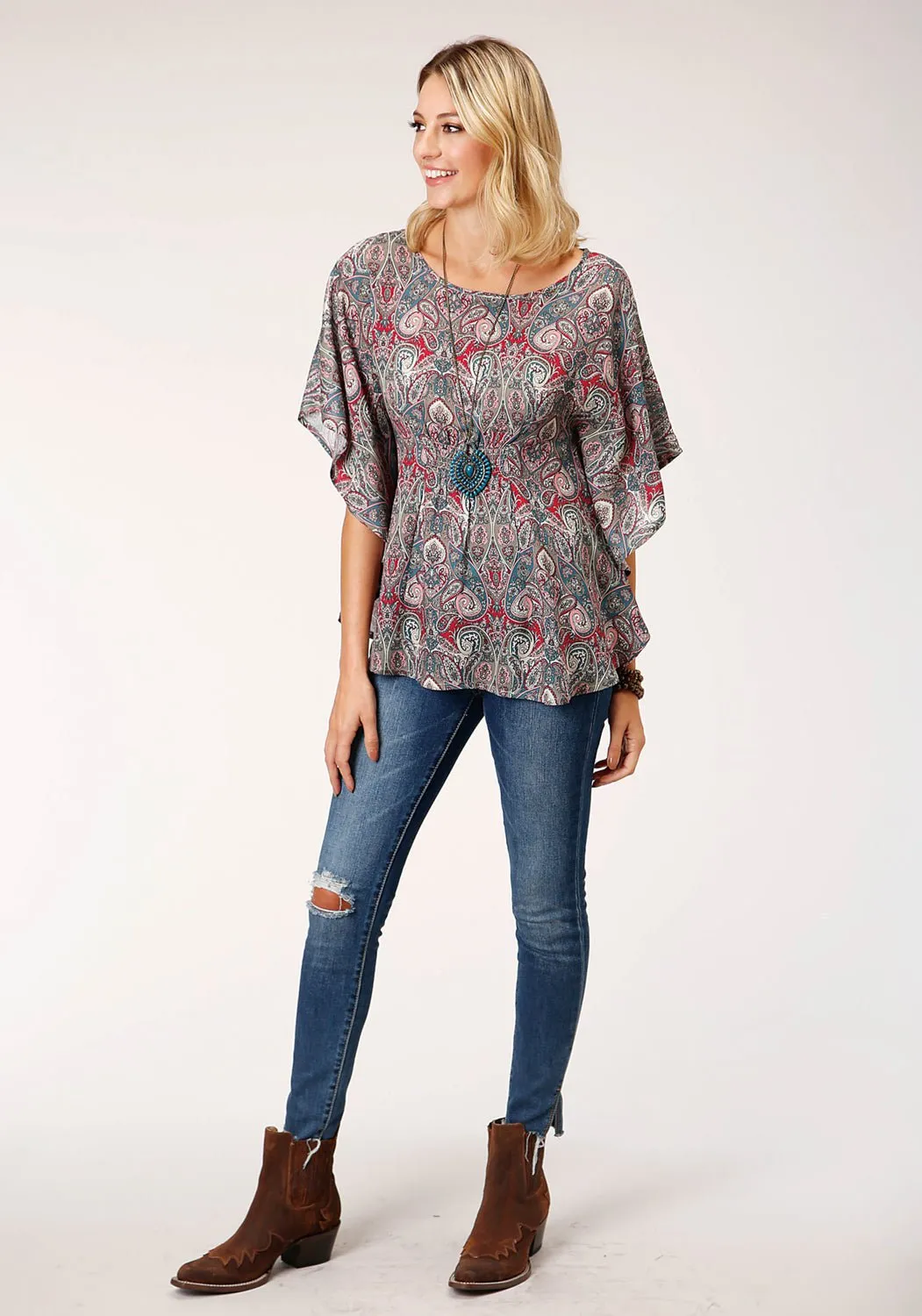 Soft Wear Low Profile Pocket Design Roper Womens Sage Rayon/Nylon Paisley Print S/S Blouse
