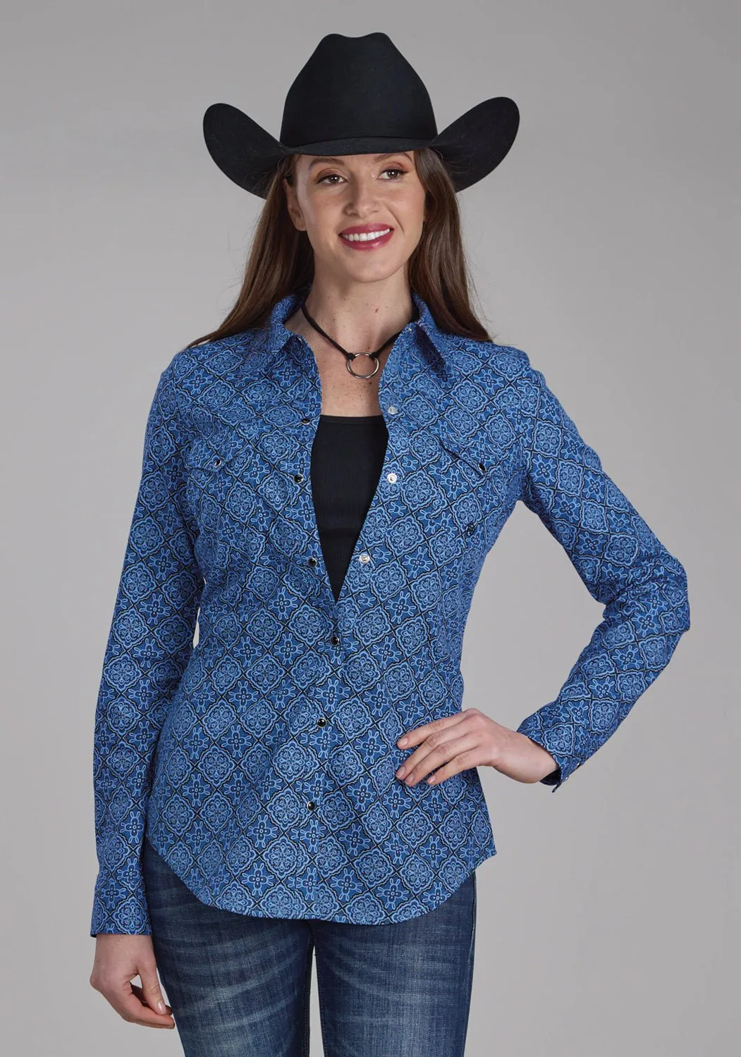 Roper Womens Sapphire Ornamental Blue 100% Cotton L/S Shirt Contrast Stitch