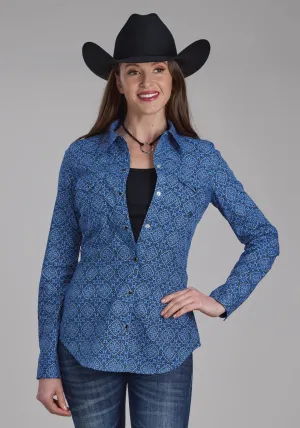 Roper Womens Sapphire Ornamental Blue 100% Cotton L/S Shirt cruelty-free Roper Womens Sapphire Ornamental Blue 100% Cotton L/S Shirt color block Workwear Essential
