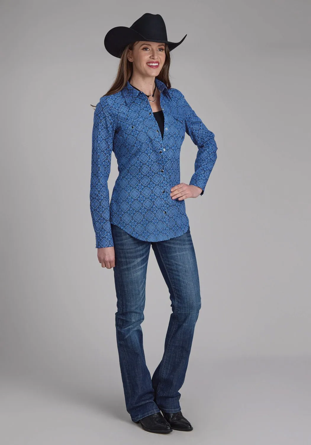 Roper Womens Sapphire Ornamental Blue 100% Cotton L/S Shirt Bold colors Refined Aesthetic