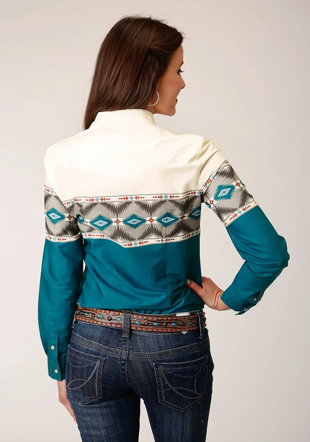 Roper Womens Sawtooth Border Blue 100% Cotton L/S Shirt Wardrobe Essential