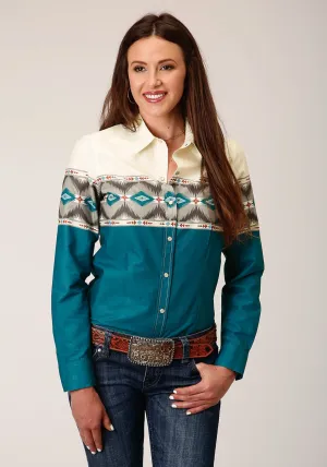 Roper Womens Sawtooth Border Blue 100% Cotton L/S Shirt Reflective Trim high-low hem Roper Womens Sawtooth Border Blue 100% Cotton L/S Shirt