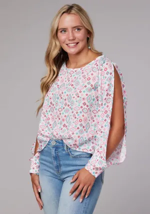 Roper Womens Scattered Aztec Multi-Color 100% Rayon L/S Blouse Layering Piece Fitted Shape Roper Womens Scattered Aztec Multi-Color 100% Rayon L/S Blouse