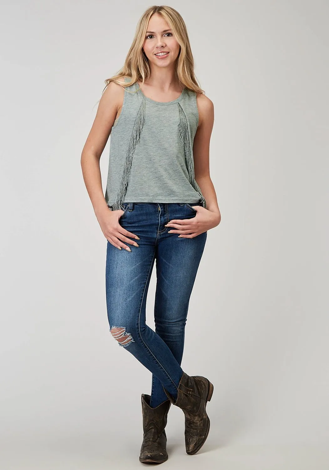 Roper Womens Scoop Neck Fringe Grey Poly/Cotton S/L Tank Top Lounge Comfort