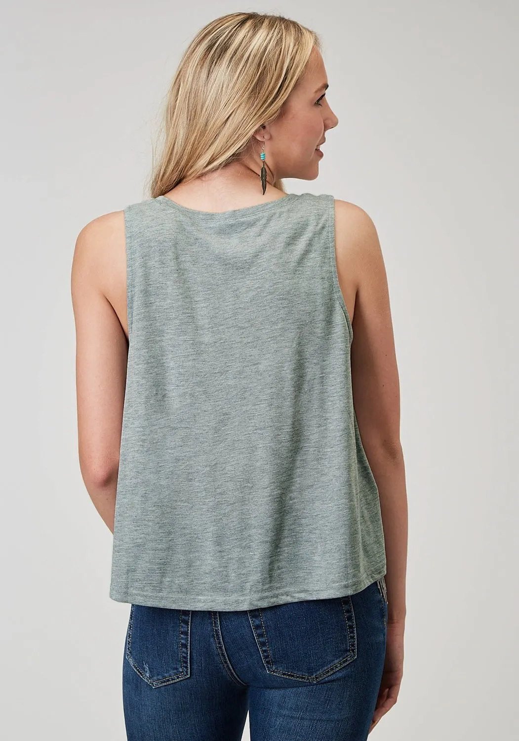Roper Womens Scoop Neck Fringe Grey Poly/Cotton S/L Tank Top Odor Control Fabric
