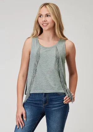 Roper Womens Scoop Neck Fringe Grey Poly/Cotton S/L Tank Top Quick Release Buttons Fashionable Comfort Roper Womens Scoop Neck Fringe Grey Poly/Cotton S/L Tank Top
