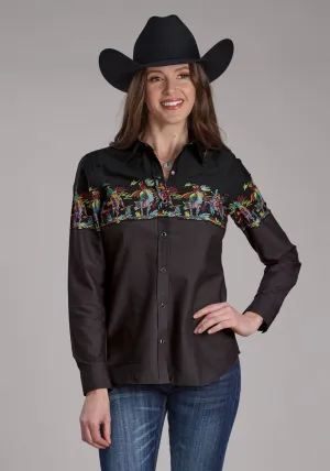 Roper Womens Scribble Bullriders Black 100% Cotton L/S Shirt Knit Fabric Winter Comfort Smooth Texture Roper Womens Scribble Bullriders Black 100% Cotton L/S Shirt