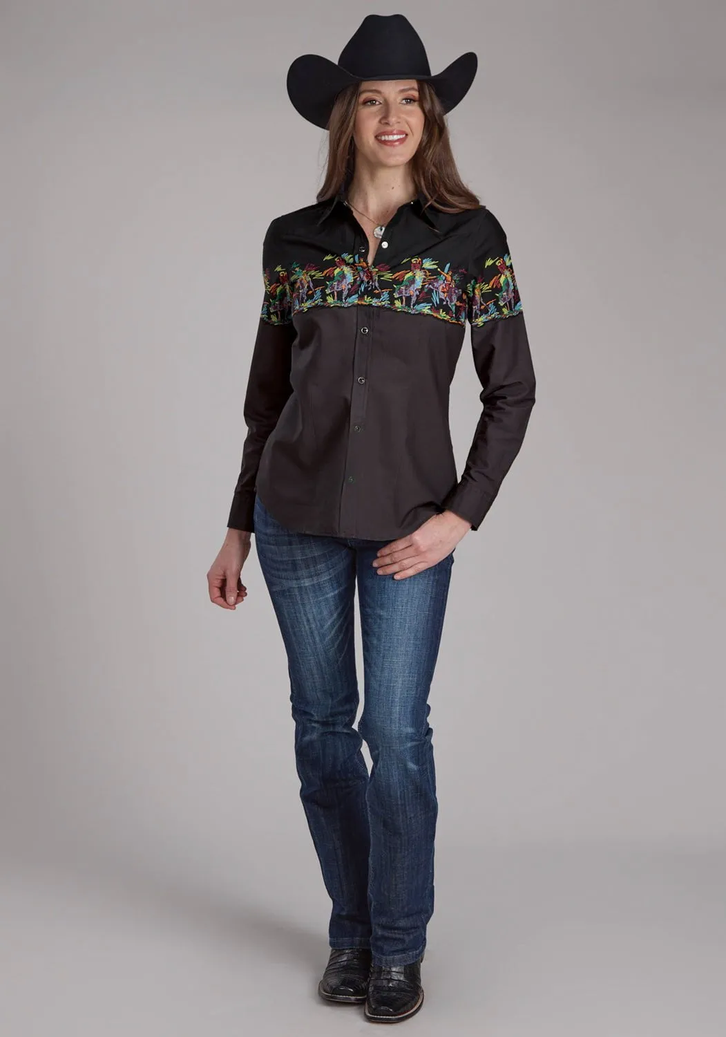 Versatile Clothing Fall Fashion Roper Womens Scribble Bullriders Black 100% Cotton L/S Shirt