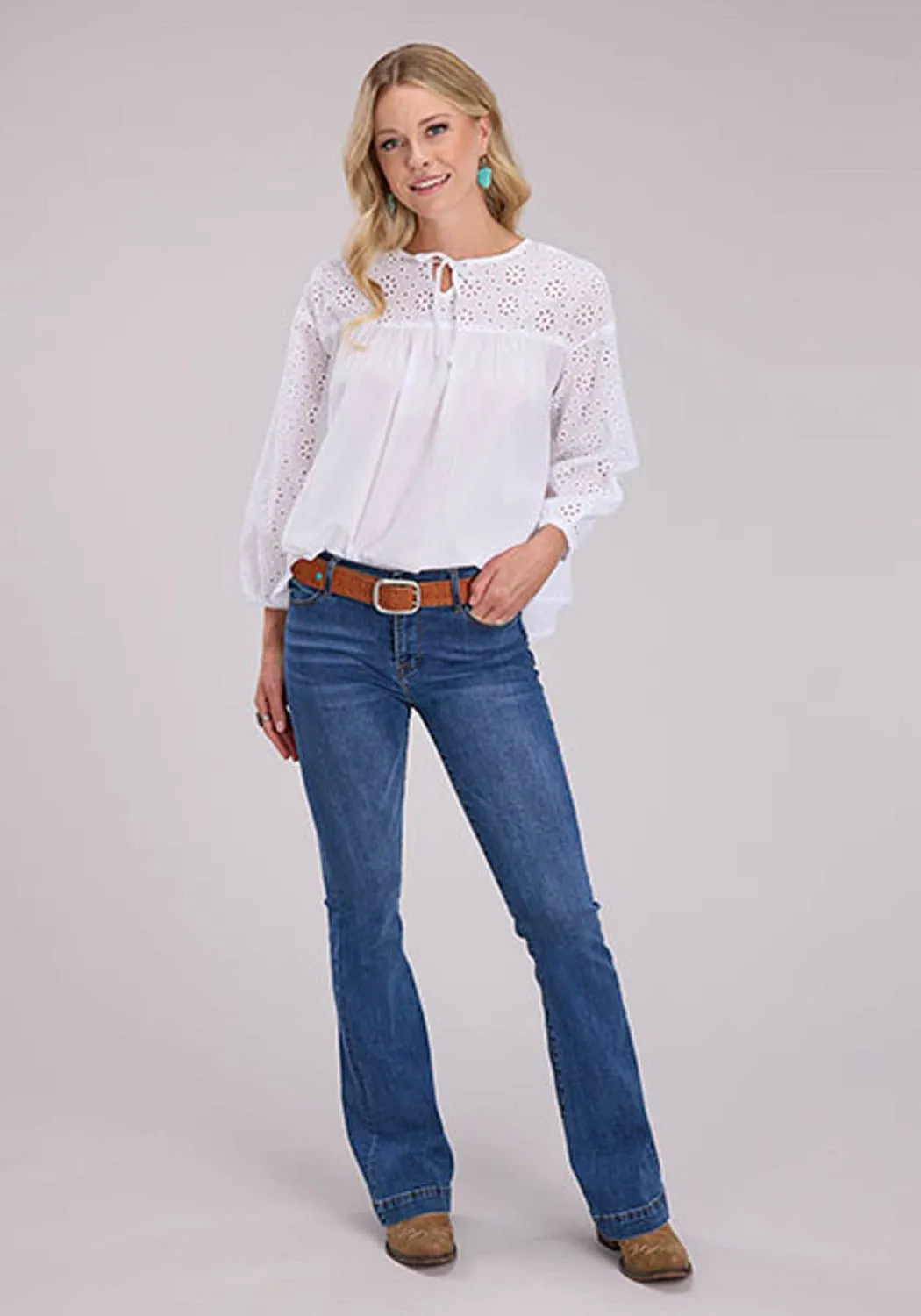 Roper Womens Self Tie Eyelets White 100% Cotton L/S Blouse Bold Prints