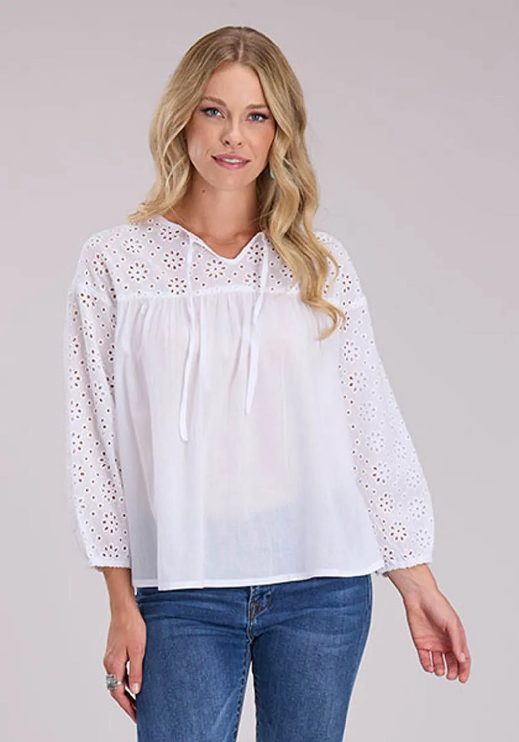 Roper Womens Self Tie Eyelets White 100% Cotton L/S Blouse Stretch Material