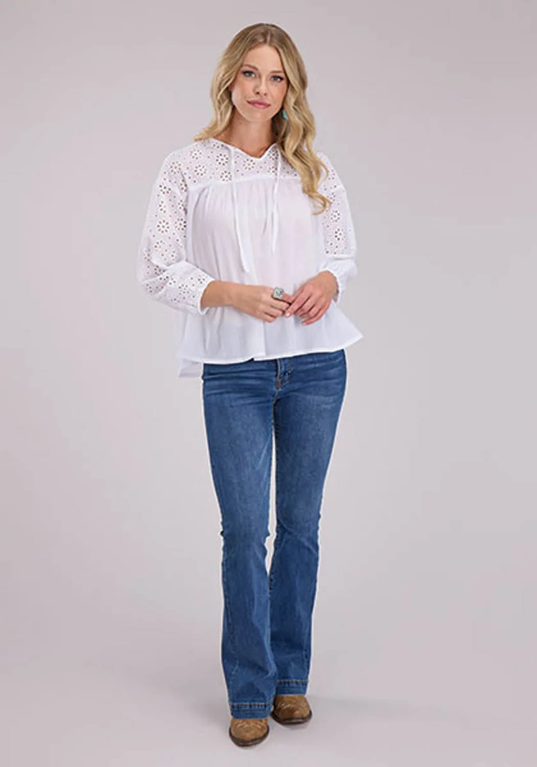 Chill Fit Bold Hue Roper Womens Self Tie Eyelets White 100% Cotton L/S Blouse