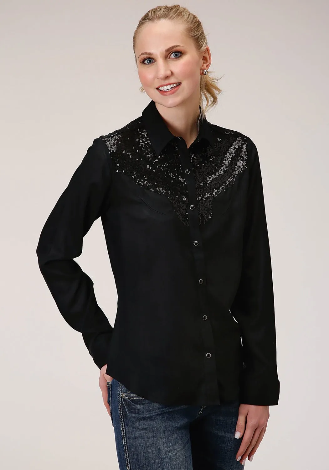 Light Comfort Interview Ready Roper Womens Sequin Boyfriend Black 100% Rayon L/S Shirt