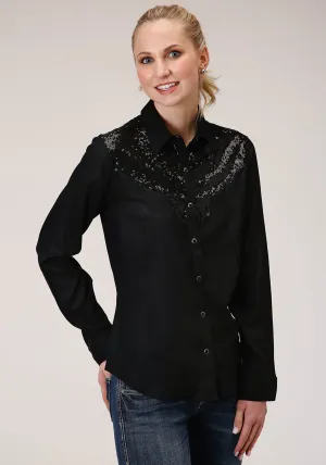 Roper Womens Sequin Boyfriend Black 100% Rayon L/S Shirt Ventilated Cuffs Light Comfort Interview Ready Roper Womens Sequin Boyfriend Black 100% Rayon L/S Shirt