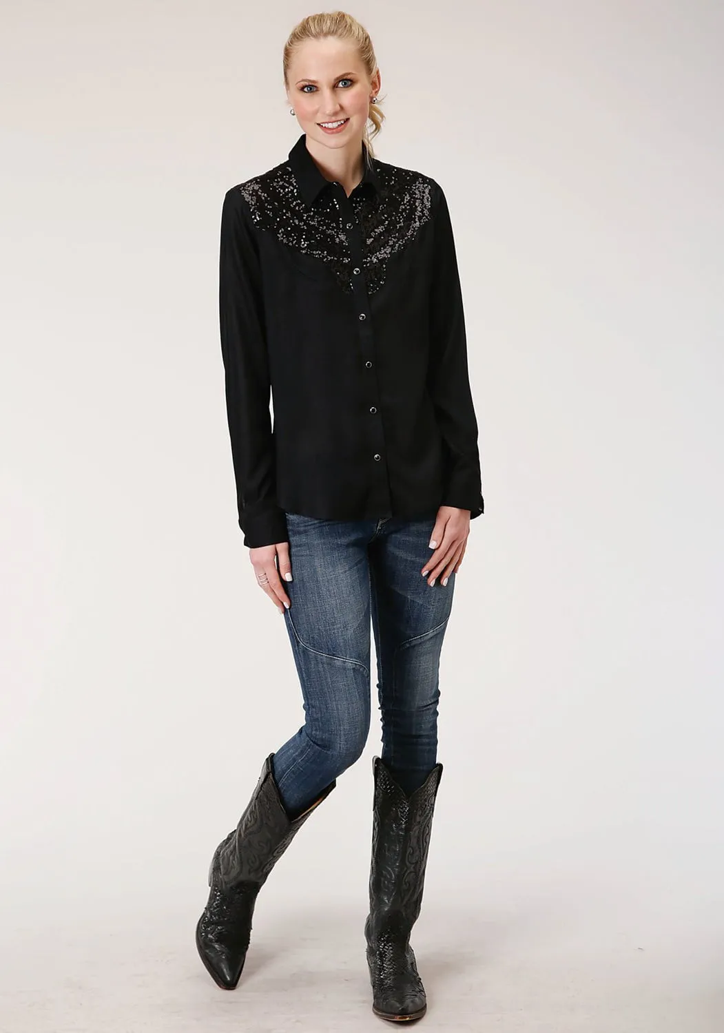Roper Womens Sequin Boyfriend Black 100% Rayon L/S Shirt Essential Piece