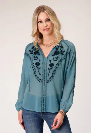 Roper Womens Sheer Floral Blue 100% Polyester L/S Tunic Lightweight Weave Roper Womens Sheer Floral Blue 100% Polyester L/S Tunic Matte Look