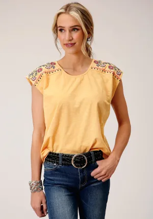 Roper Womens Slub Jersey Yellow 100% Cotton S/L T-Shirt Buttoned Cuffs Roper Womens Slub Jersey Yellow 100% Cotton S/L T-Shirt Tuckable Hem Statement Maker