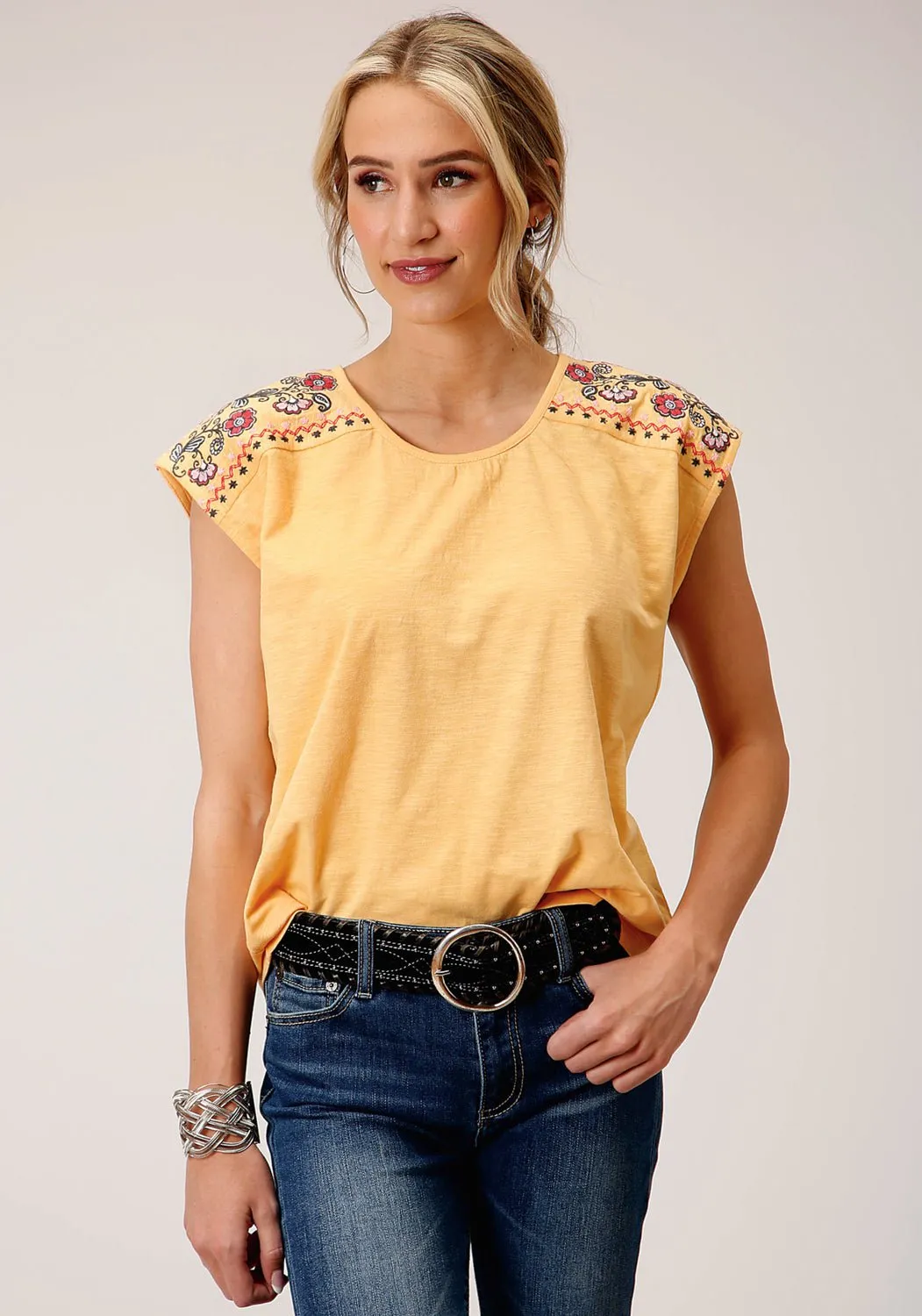 Roper Womens Slub Jersey Yellow 100% Cotton S/L T-Shirt Tuckable Hem Statement Maker
