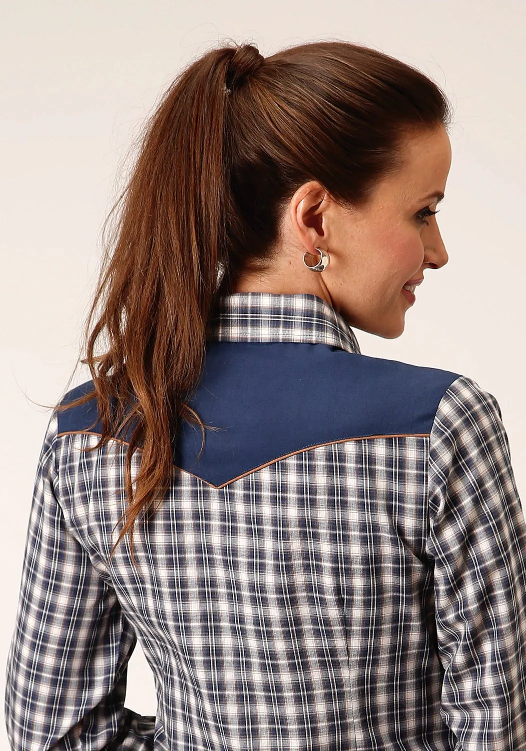 Roper Womens Small Scale Plaid Blue Cotton Blend L/S Shirt Long Sleeve Earthy Hue