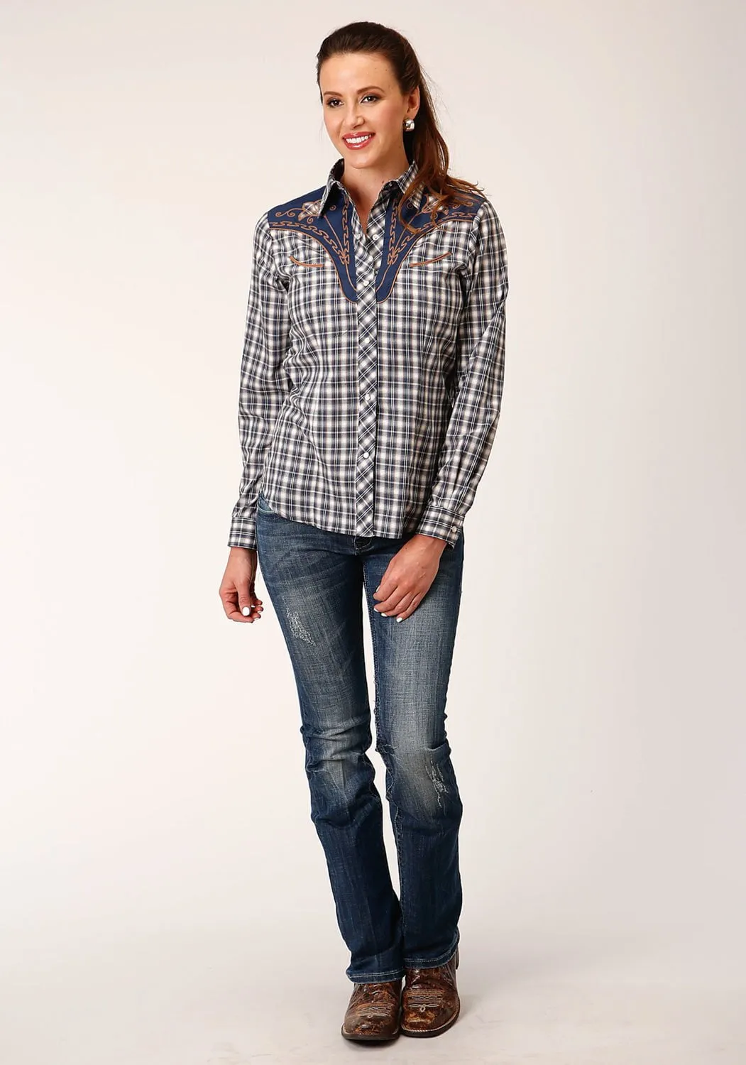 Roper Womens Small Scale Plaid Blue Cotton Blend L/S Shirt Exclusive Collection Smart Casual Wear