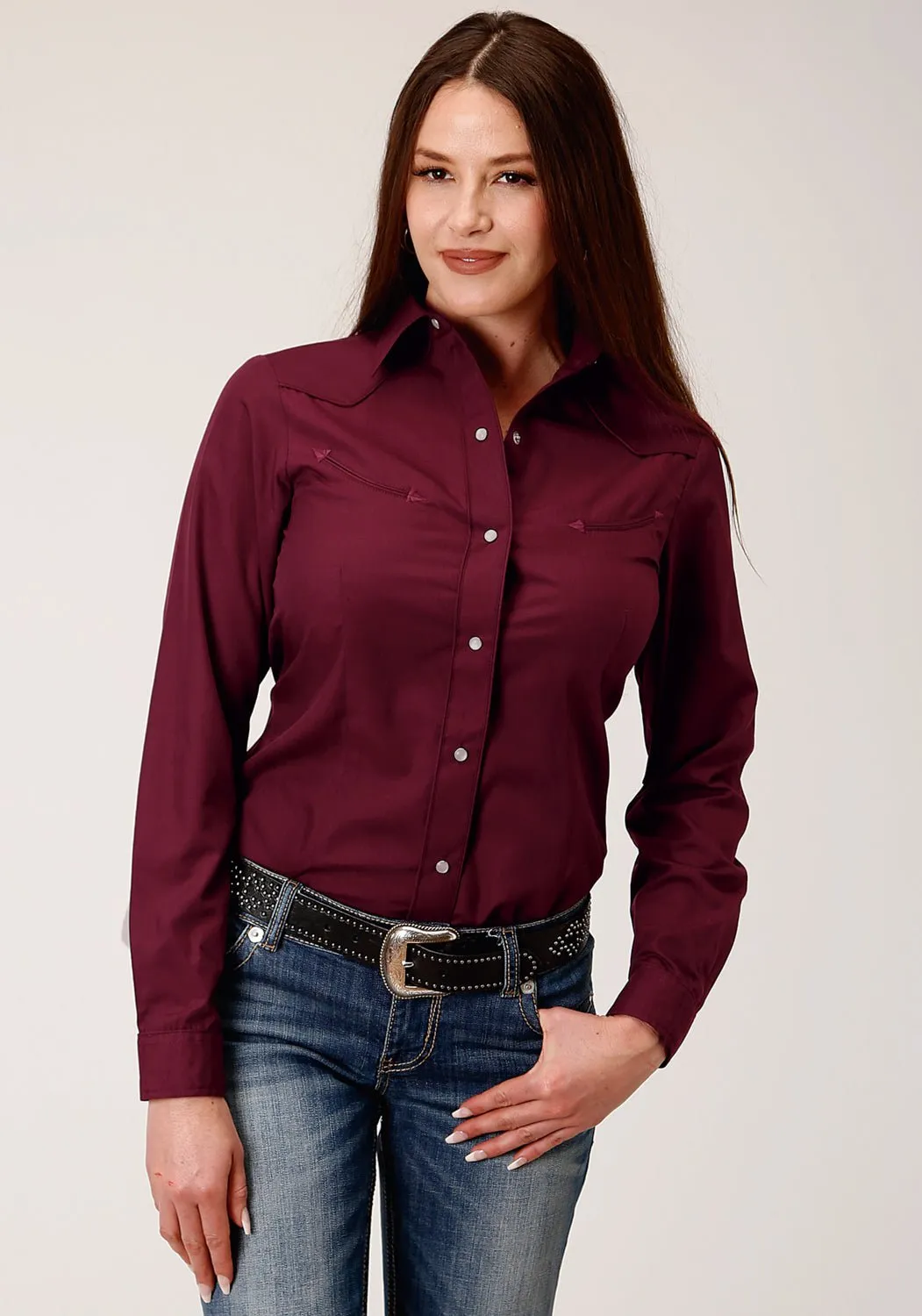 Roper Womens Solid Broadcloth Wine Cotton Blend L/S Shirt Casual Style Sleepwear