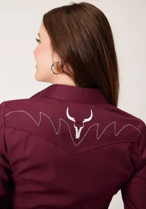 Roper Womens Solid Broadcloth Wine Cotton Blend L/S Shirt Coverstitch Hem Roper Womens Solid Broadcloth Wine Cotton Blend L/S Shirt tall size Military Inspired