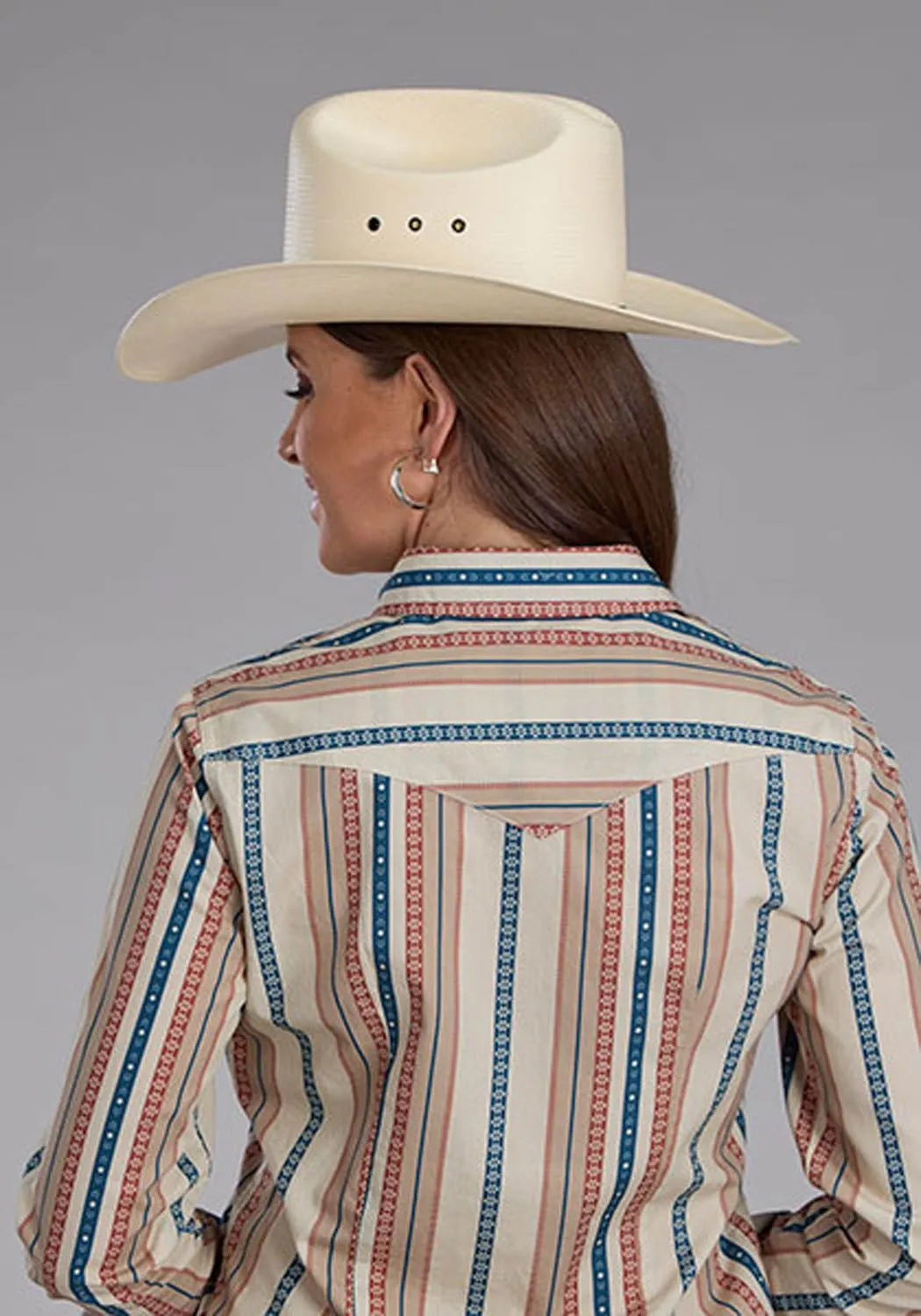 Stylish Element Soft touch finish Roper Womens Southwest Vertical Stripe Tan/Blue 100% Cotton L/S Shirt