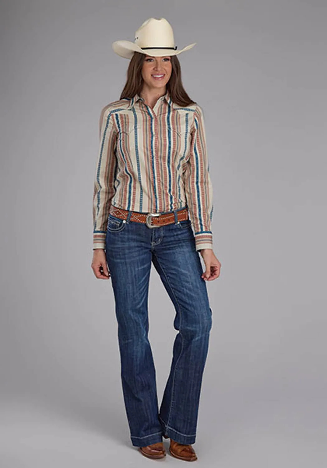Luxurious Feel Roper Womens Southwest Vertical Stripe Tan/Blue 100% Cotton L/S Shirt