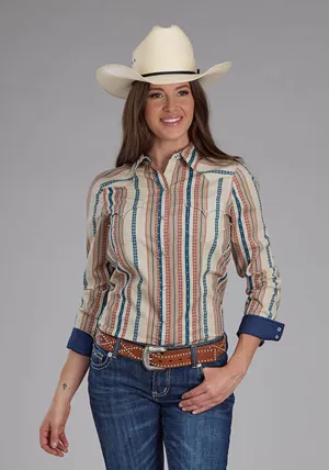 Roper Womens Southwest Vertical Stripe Tan/Blue 100% Cotton L/S Shirt Easy Care Roper Womens Southwest Vertical Stripe Tan/Blue 100% Cotton L/S Shirt Clean Edge Trim