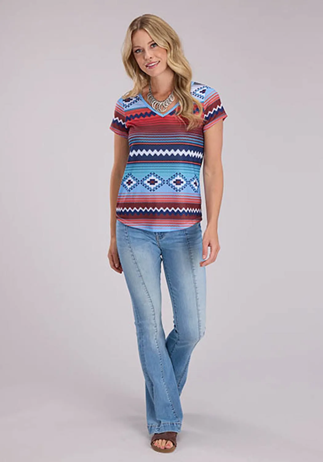 Roper Womens Southwestern Sublimation Multi-Color Poly/Spandex S/S Tunic Preppy Vibe Smart Casual Wear