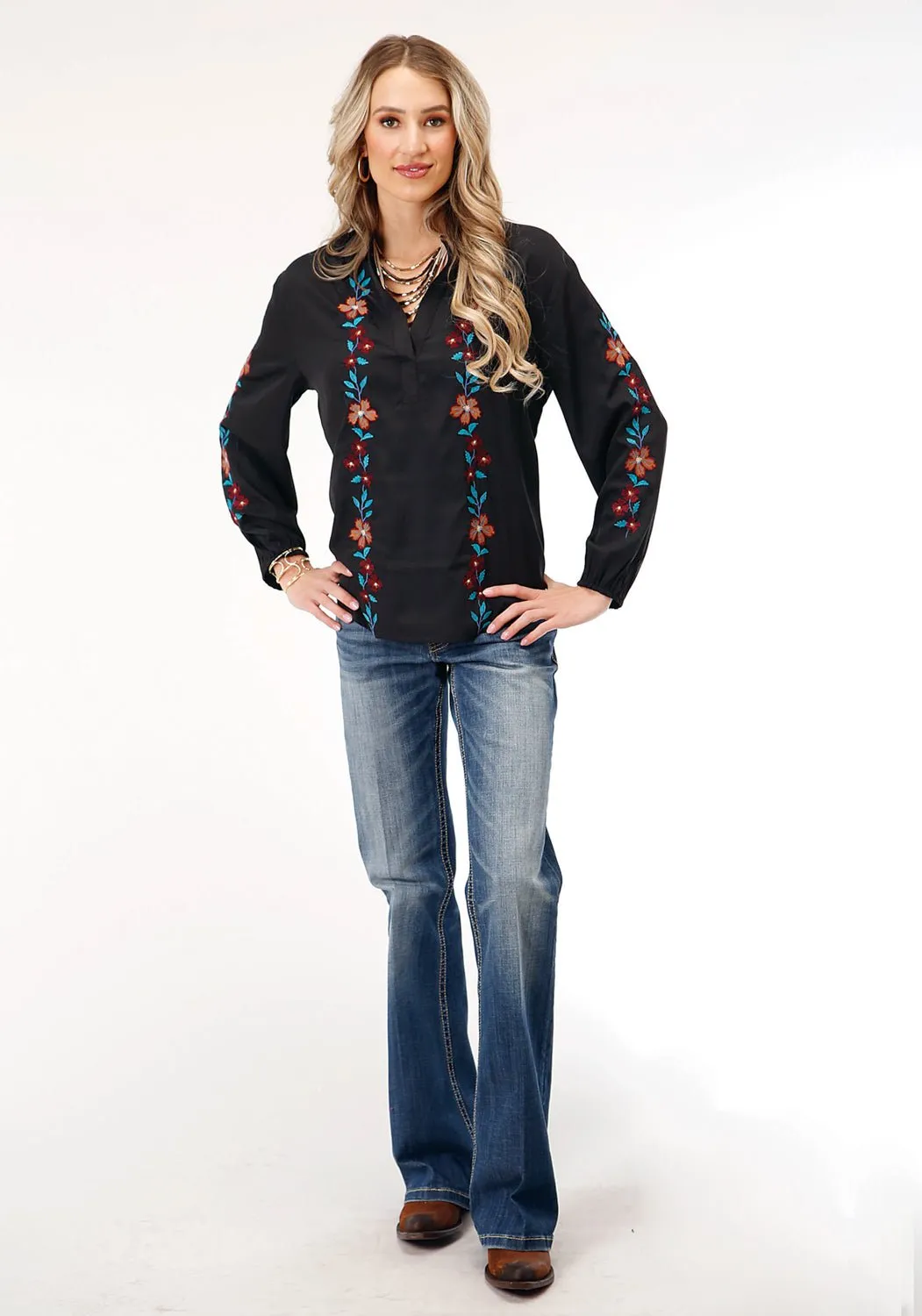 Structured Collar Roper Womens Split-V Floral Black Polyester L/S Blouse