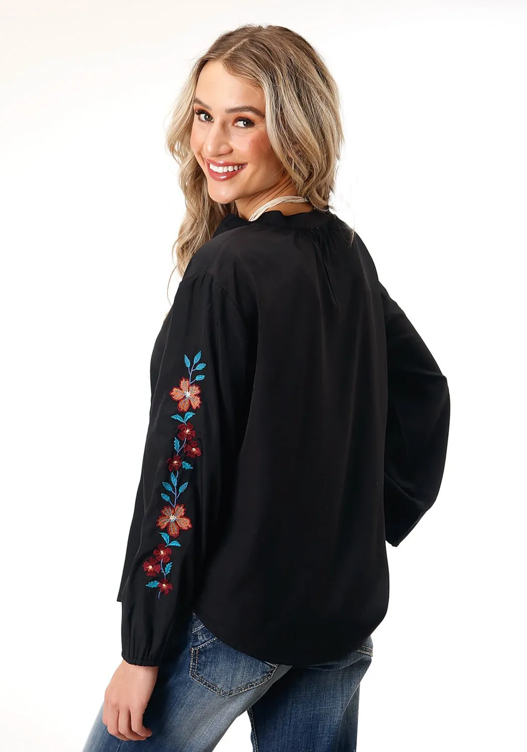 Roper Womens Split-V Floral Black Polyester L/S Blouse Simple Elegance