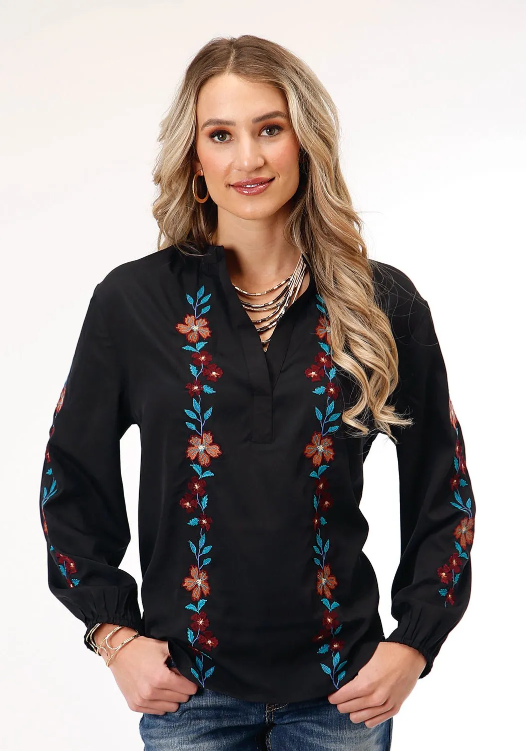 Roper Womens Split-V Floral Black Polyester L/S Blouse slim fit