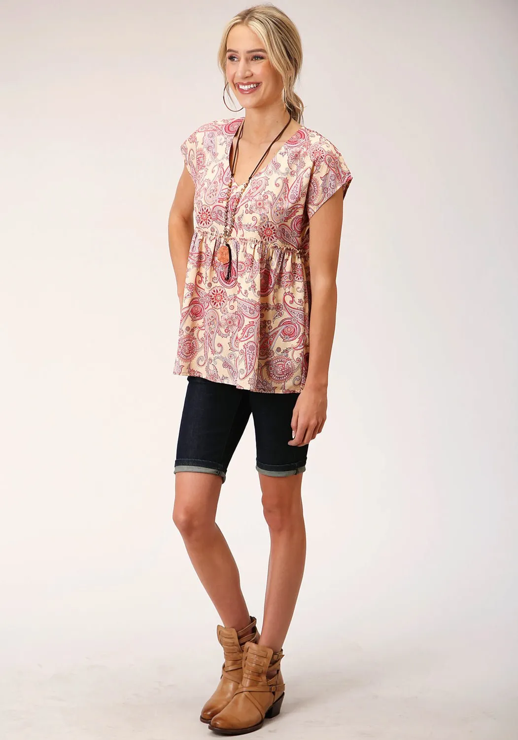 Roper Womens Spring Paisley Yellow 100% Polyester S/S Tunic Everyday Essential Soft Material
