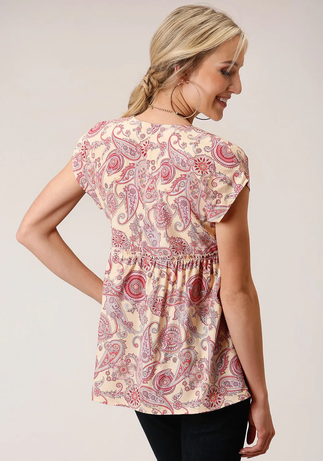 Dressy look Reinforced Elasticity Roper Womens Spring Paisley Yellow 100% Polyester S/S Tunic