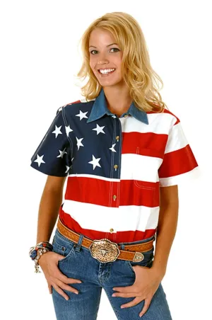 Roper Womens Stars and Stripes Flag Red/Blue 100% Cotton S/S Shirt Zip Up Roper Womens Stars and Stripes Flag Red/Blue 100% Cotton S/S Shirt Breathable Cotton