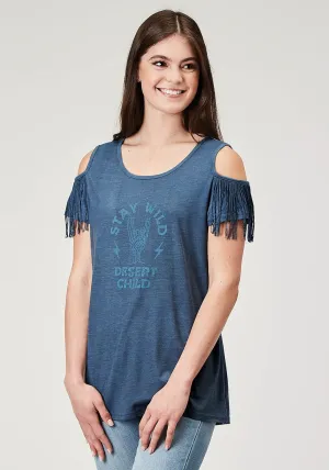 Roper Womens Stay Wild Navy Poly/Cotton Cold Shoulder S/S T-Shirt Recycled Fiber Sporty Style Roper Womens Stay Wild Navy Poly/Cotton Cold Shoulder S/S T-Shirt