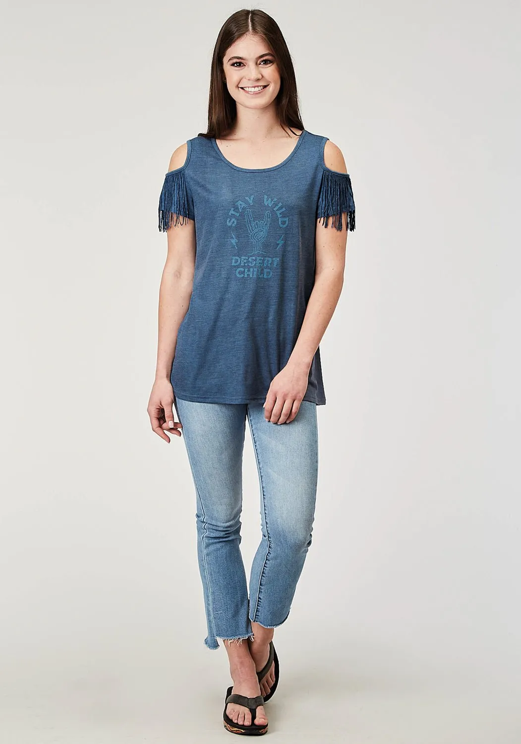 Roper Womens Stay Wild Navy Poly/Cotton Cold Shoulder S/S T-Shirt Perfect Look