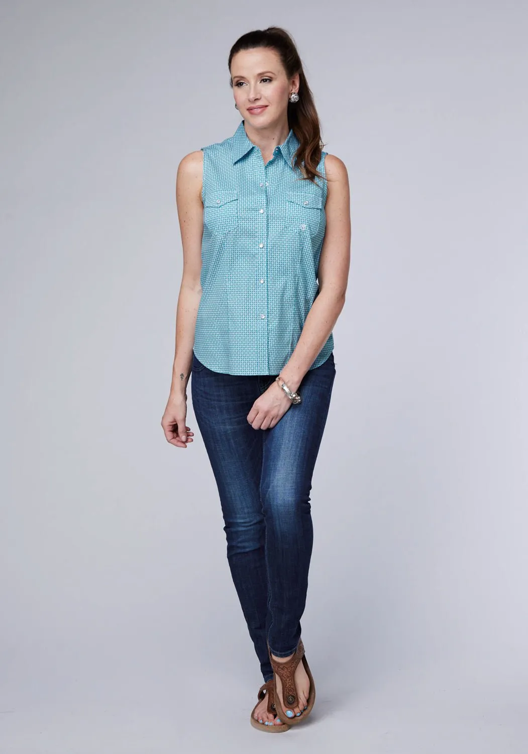 Coastal Vibes Roper Womens Stretch Neat Green Cotton Blend S/L Shirt