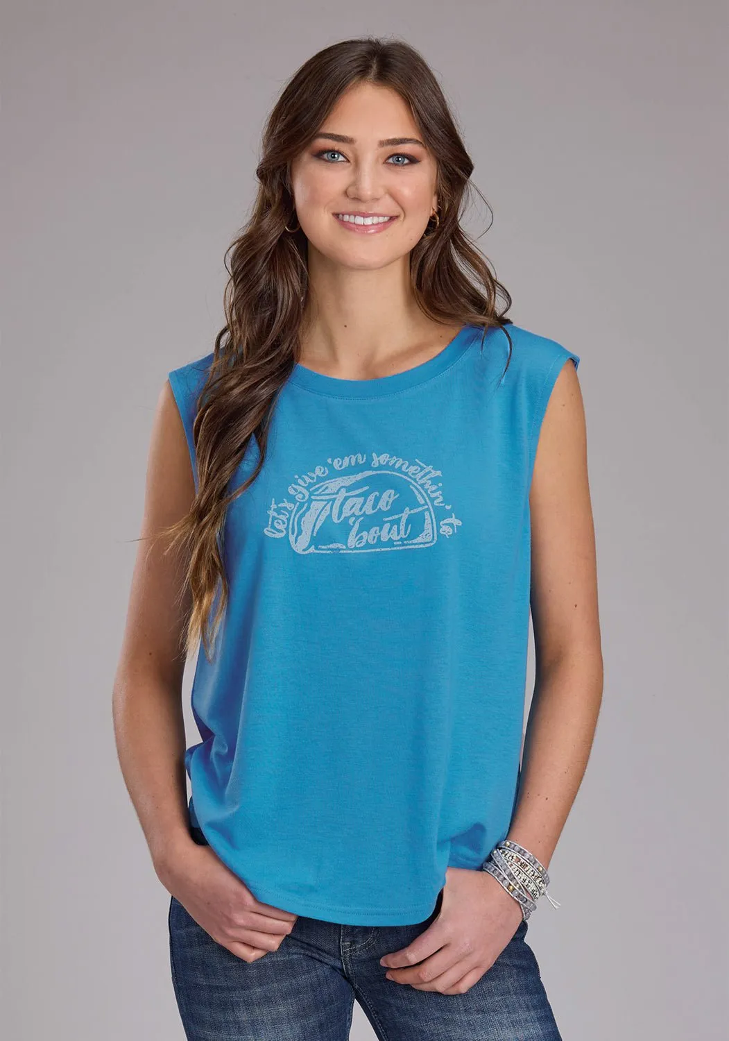 Asymmetrical Cut Roper Womens Taco Bout Blue Poly/Rayon S/L T-Shirt