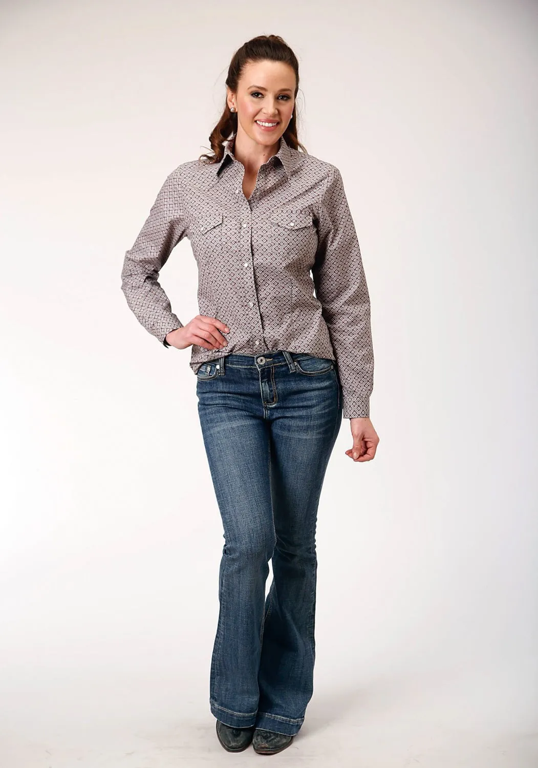 Unmatched comfort Striped style Roper Womens Taupe Retro Wine Cotton Blend L/S Shirt