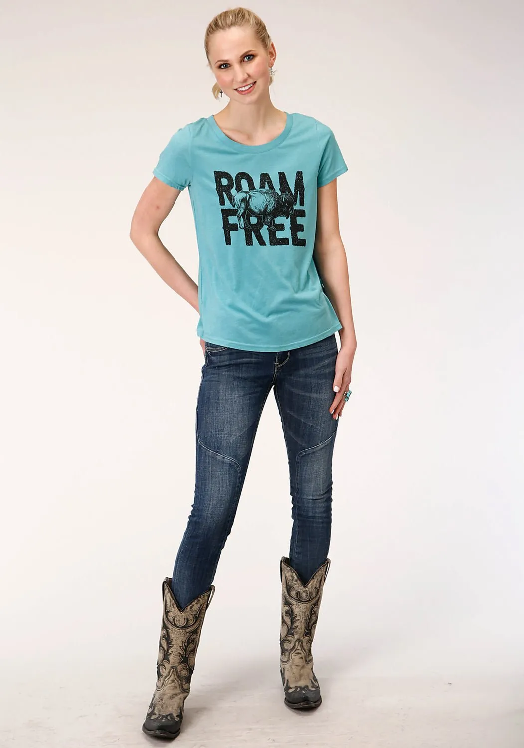 Roper Womens Teal Poly/Rayon Roam Free S/S Buffalo T-Shirt Double Stitched Hems Functional Pocket