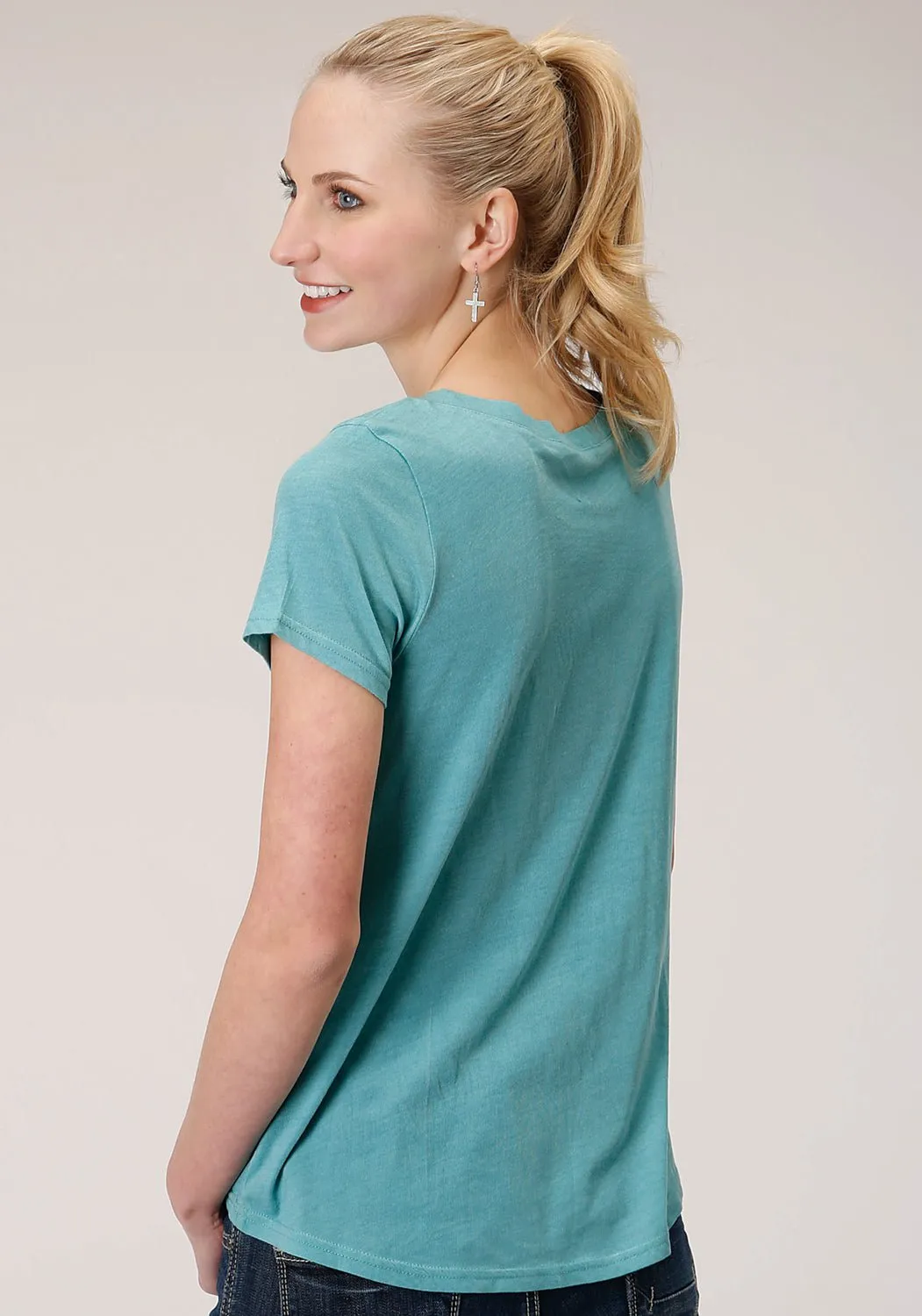 Roper Womens Teal Poly/Rayon Roam Free S/S Buffalo T-Shirt Multi Functional Pockets