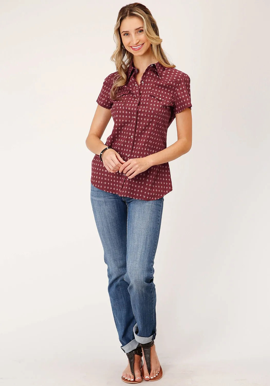 Active Fit Layering Essential Roper Womens Texture Diamond Red 100% Cotton S/S Shirt