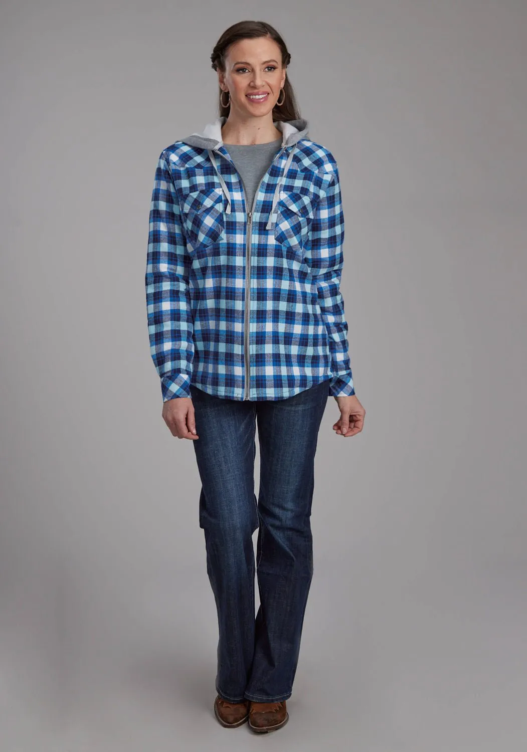Roper Womens Thermal Lined Flannel Blue/White 100% Cotton Jacket Shopping Day Slim