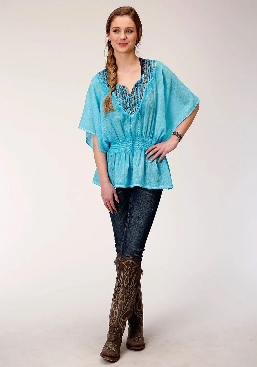 Resort Wear Roper Womens Turquoise 100% Cotton Peasant Top S/S Tunic