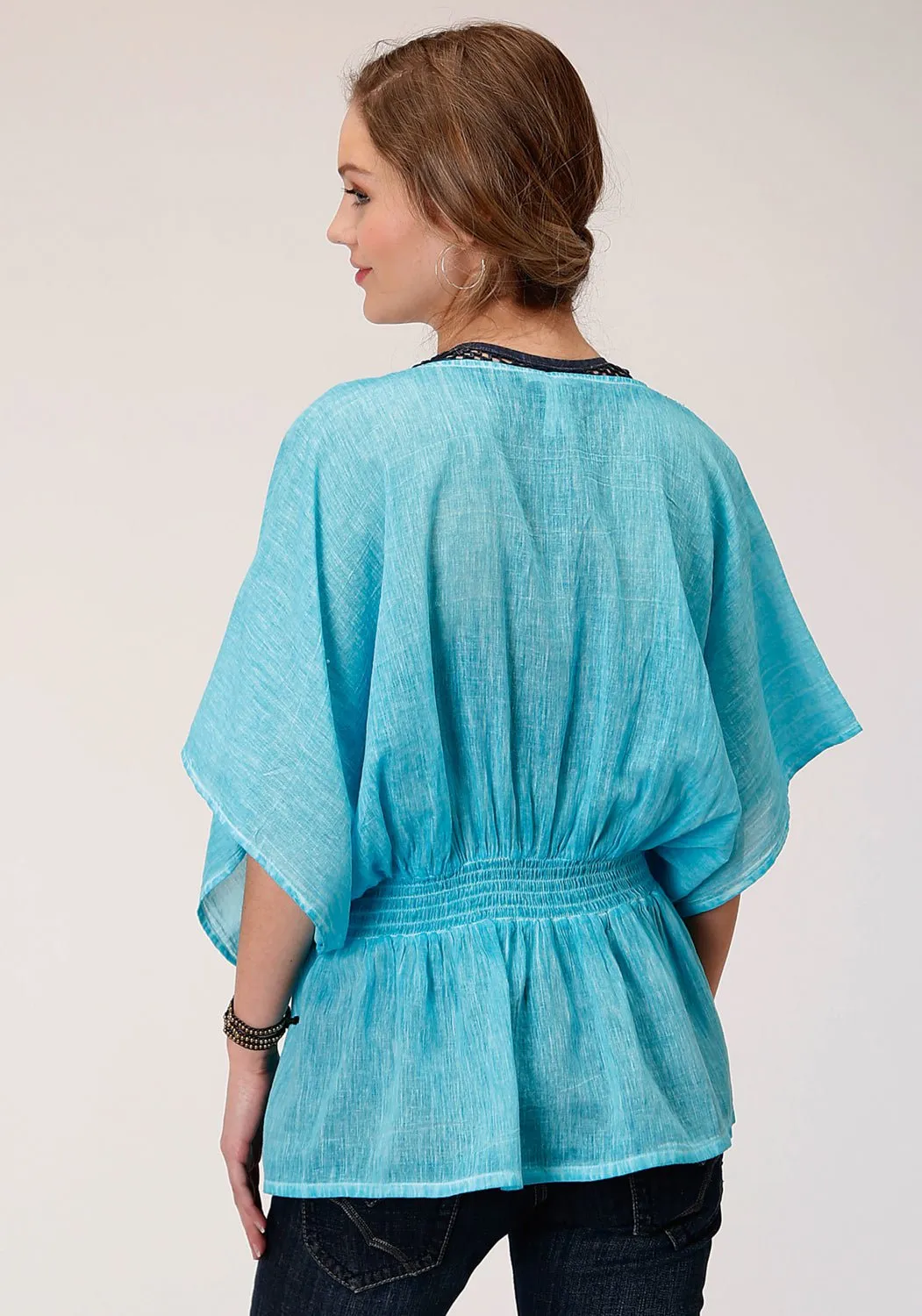 Easy Care Material Roper Womens Turquoise 100% Cotton Peasant Top S/S Tunic