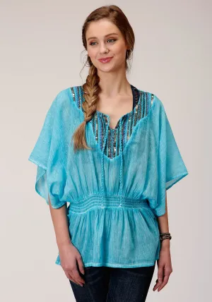 Roper Womens Turquoise 100% Cotton Peasant Top S/S Tunic Trendy Prints Roper Womens Turquoise 100% Cotton Peasant Top S/S Tunic Wedding guest Bold Pattern