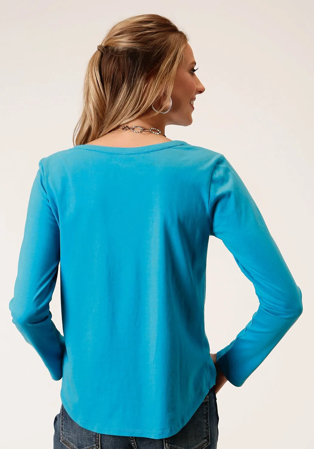 Roper Womens Turquoise 100% Cotton Slit Neck L/S Floral T-Shirt Soft Wash Treatment Traveler Gear Nature Lover Night Out