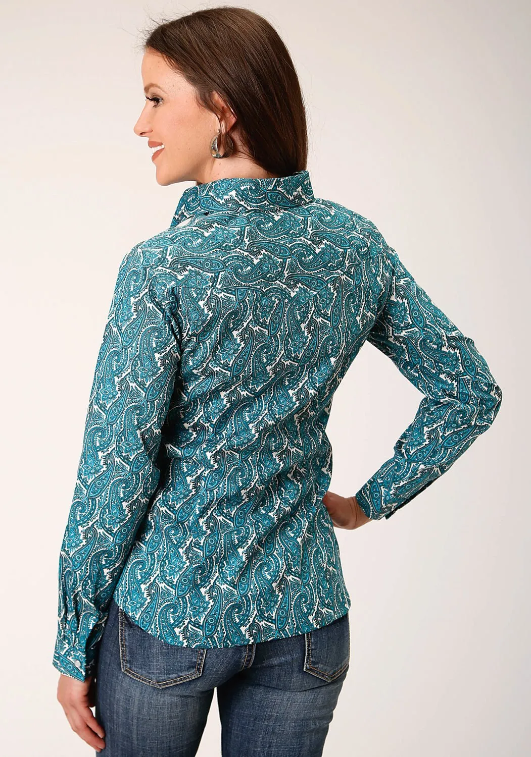 Roper Womens Turquoise 100% Cotton Upstream Paisley L/S Shirt Colorfast Denim clean look
